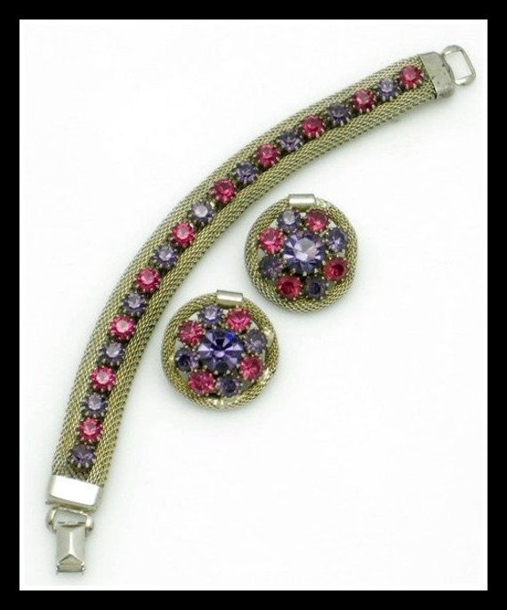 Weiss Mesh Purple Pink Rhinestone Bracelet  & Earr