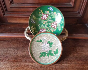 Antique Cloisonne Plates,  Vintage Cloissone flower plates, Set of two