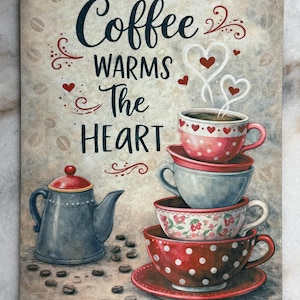 May include: A decorative metal sign with the text "Coffee Warms The Heart". The sign features a stack of coffee cups, a teapot, and coffee beans. The cups are red, blue, and floral patterned. The sign has a vintage aesthetic.