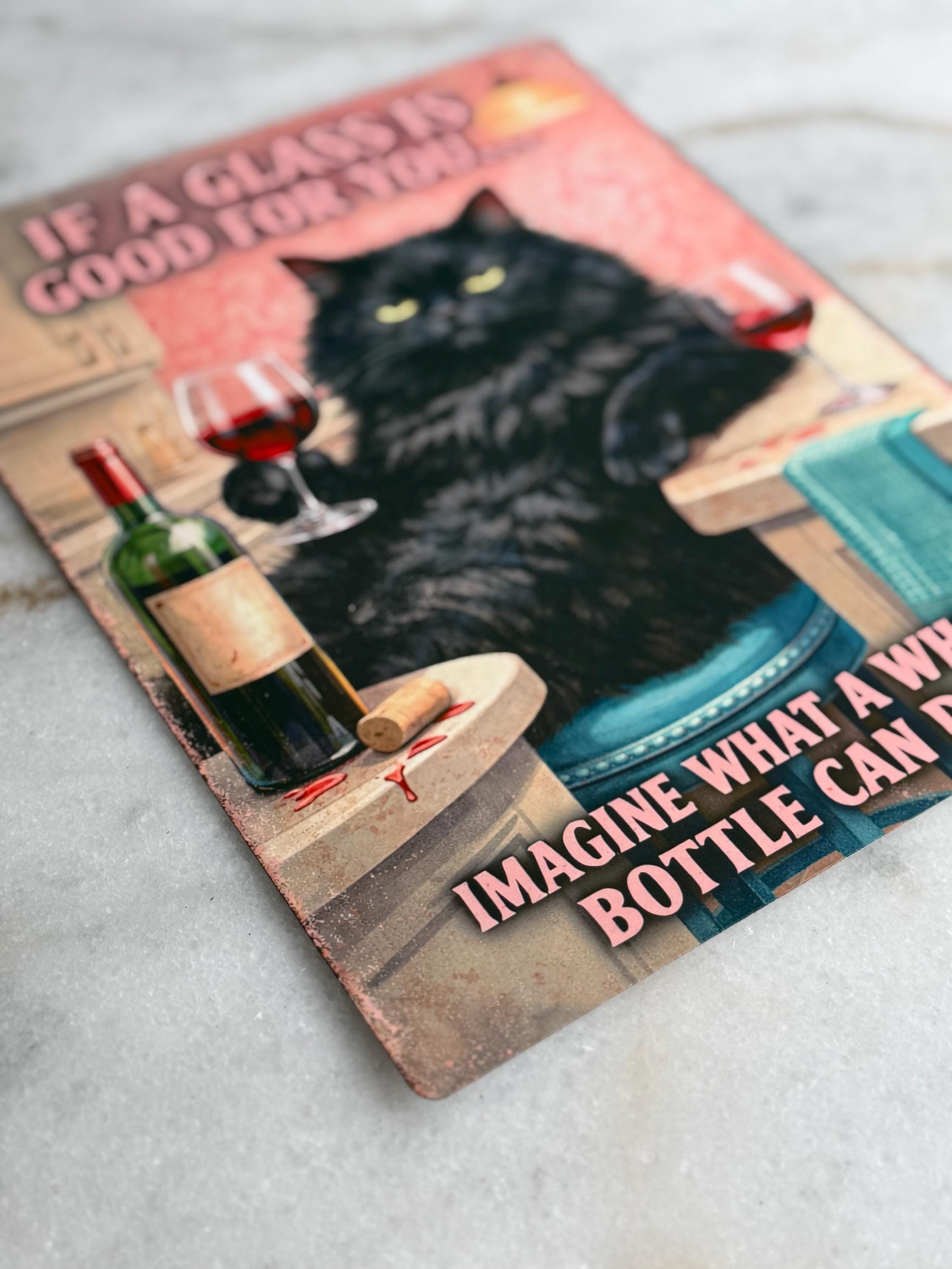 Retro Black Cat Wine Sign, Funny Kitchen Decor, Whimsical Cat Art (8x10 ...