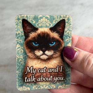 May include: A rectangular sticker featuring a Siamese cat with striking blue eyes. The cat is set against a teal background with a floral pattern. The text "My cat and I talk about you" is written in a script font.