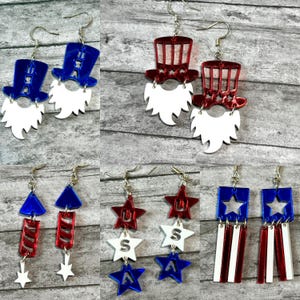 4th of July Earrings, patriotic red whiteblue dangle earrings, independence day jewelry, usa flag star earrings
