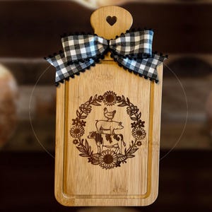 Farm Animal Engraved Cutting Board | Rustic Farmhouse Kitchen Decor | Stacked Pig Cow Chicken Sign | Country Kitchen Gift | Mini Wood Board