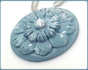 HANAE blue and silver polymer clay pendant necklace