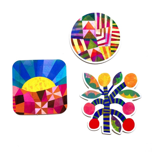 Colorful vinyl stickers - quilt art - whimsical botanical - laptop sticker - water bottle sticker