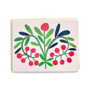 Folk Art Berries and Leaves Pink Notecard - Blank Inside