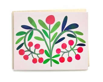 Folk Art Berries and Leaves Pink Notecard - Blank Inside