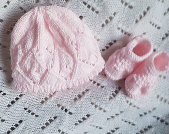 Reborn/silicone doll set , Hand knitted pink beanie style hat and shoes set.