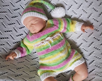 20 inch reborn/silicone baby doll, Hand knitted romper, hat and bootees, multi yarn set(doll not included)