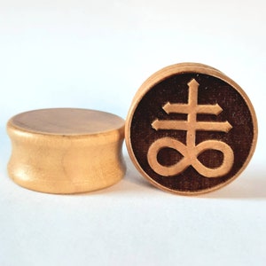 Pair of Engraved Satanic Cross Plugs [Natural Wood Gauges / Stretchers ] Price Per Pair
