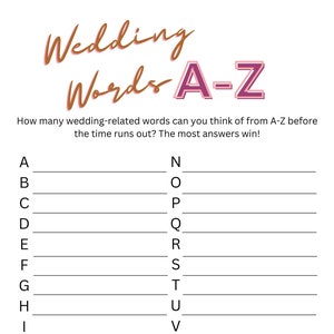 Wedding printable game sheet, alphabet game, rehearsal dinner games, wedding games, instant download, unique games