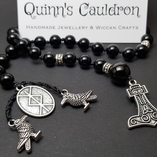 Black Onyx Viking Prayer Beads, Norse Protection Witches Ladder, Druid Pagan Wiccan Mala