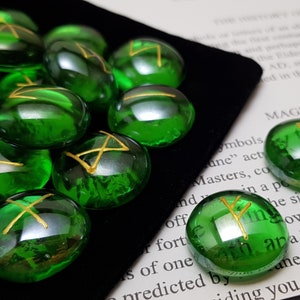 Green Glass Elder Futhark Runes, 25 Piece Set