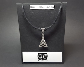 Silver Celtic Motherhood Knot Necklace: Trinity Irish Knotwork Triquetra Pendant with Black Cotton Cord Choker