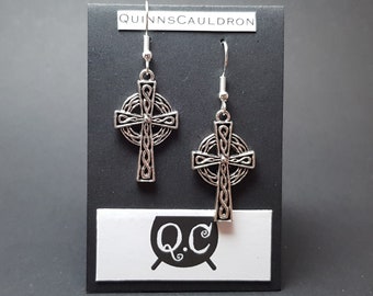 Silver Celtic Cross Earrings, Irish Scottish Gaelic Pagan Cross Celtic Knot Drop Dangle Earrings