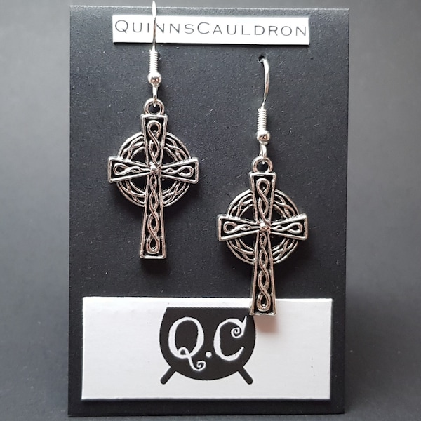 Silver Celtic Cross Earrings, Irish Scottish Gaelic Pagan Cross Celtic Knot Drop Dangle Earrings