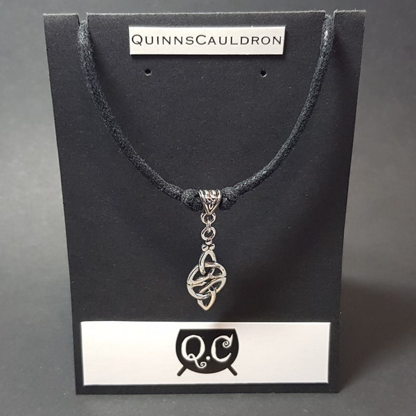 Silver Celtic Serch Bythol Knot Necklace: Irish Trinity Knot Double Triquetra Pendant with Black Cotton Cord Choker