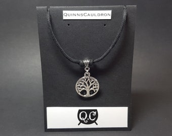 Silver Yggdrasil Necklace: Tree of Life, Celtic Norse Pendant with Black Cotton Cord