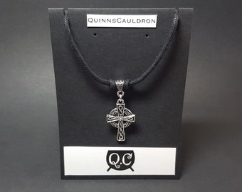 Silver Celtic Cross Necklace: Irish Scottish Gaelic Cross Pendant with Black Cotton Cord