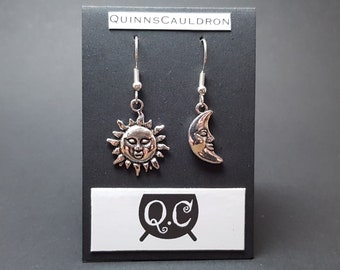 Mismatched Celestial Sun and Moon Charm Earrings Silver Selection