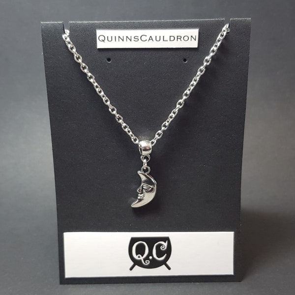 Silver Smiling Crescent Moon Face Necklace: Celestial Luna Pendant with Silver Chain