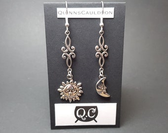 Mismatched Long Drop Sun and Moon Charm Celestial Earrings, Silver Selection