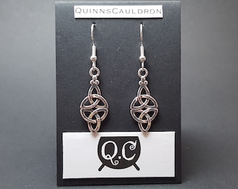 Silver Celtic Serch Bythol Knotwork Earrings, Elegant Drop Dangle Trinity Knot Double Triquetra Irish Knot Earrings