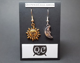 Mismatched Sun and Moon Charm Celestial Earrings, Silver/Gold/Bronze Selection