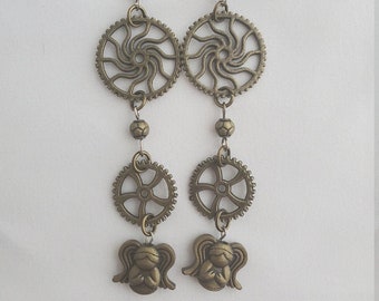 Bronze Gear and Bead Angel Steampunk Earrings