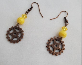 Bronze Gear and Yellow Bead Steampunk Earrings