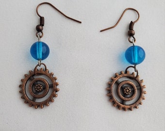 Bronze Gear and Blue Bead Steampunk Earrings