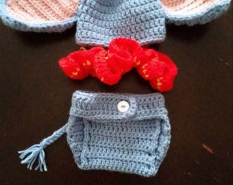 crochet, dumbo, elephant, newborn, cute outfit, baby outfit, baby elephant, baby dumbo, diaper cover, hat, baby shower gift, photo prop