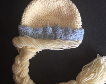 Gorro de la princesa Elsa con trenza y corona, gorro/peluca de ganchillo