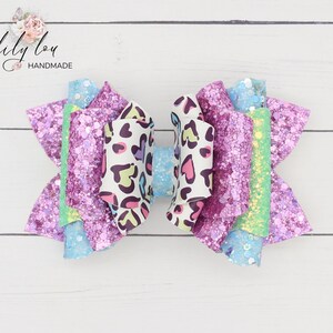 Rainbow Heart Leopard Hair Bow 4.5&quot;, Girls Faux Leather Stacked Layered Glitter Hair Bow, Baby Toddler Infant Bow