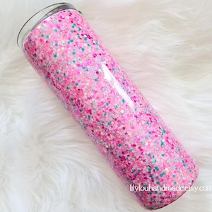 Pink dipping dots glitter stainless steel tumbler 20oz skinny, ready to ship