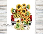 Primitive Farmhouse Sunflower Filled Red Truck Summer Fall Autumn Feedsack Flour Sack Cream or White Fabric Panel 1114
