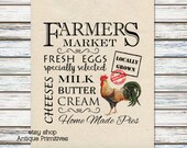 Primitive Farmhouse Farmers Market Wood Art Chicken Rooster Cream or White Flour Sack Fabric Panel 1285