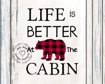 Primitive Lodge Style Life Is Better At The Cabin Red Check Bear Cream or Soft White Fabric Panel #1109