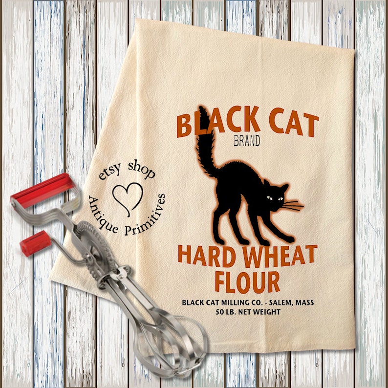 Primitive Farmhouse Black Cat Flour Halloween Cream or White Flour Sack Kitchen Towel 1232 cream