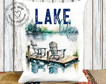 Primitive Farmhouse Lake Life Flour Sack Fabric Pillow #1119