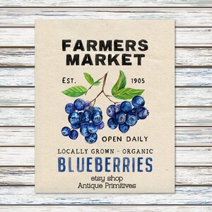 Primitive Farmhouse Farmers Market Blueberries Cream or White Flour Sack Fabric Panel #1146