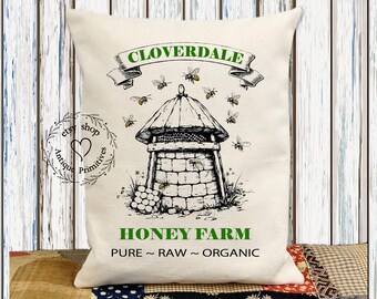 Primitive Farmhouse Cloverdale Honey Beehive Bee Fabric Pillow #1216