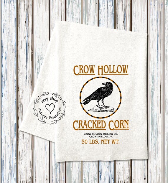 Primitive Farmhouse Style Black Crow Cracked Corn Flour Sack Kitchen Towel #1228