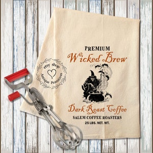 Primitive Farmhouse Style Wicked Brew Witches Coffee Halloween Cream or White Flour Sack Kitchen Towel 1243 cream