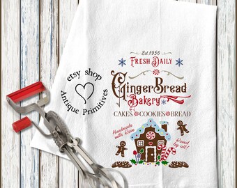 Primitive Farmhouse Christmas Gingerbread Bakery Cream or White Flour Sack Kitchen Towel #1125
