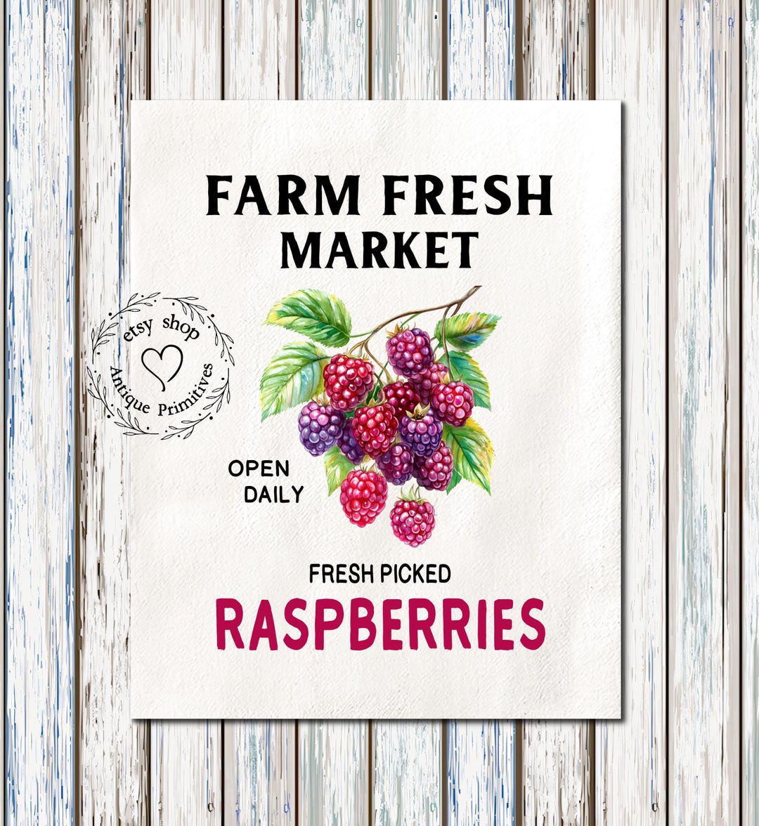 Primitive Raspberry Primitive Farmhouse Farm Fresh Market Raspberries Cream or Soft White ...