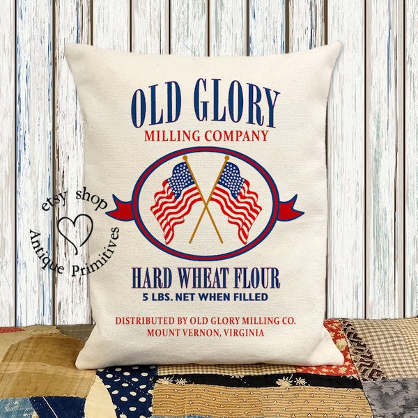 Primitive Farmhouse Patriotic Old Glory Wheat Feedsack Flour Sack Fabric Pillow #1225