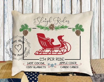 Country Farmhouse Sleigh Rides Christmas Flour Sack Fabric Pillow #1133