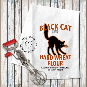 Primitive Farmhouse Black Cat Flour Halloween Cream or White Flour Sack Kitchen Towel 1232 white