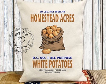 Primitive Farmhouse White Potatoes Flour Sack Fabric Pillow #1277